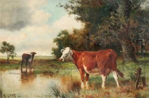 Cows Watering At A Stream While A Storm Approaches by Robert Atkinson Fox