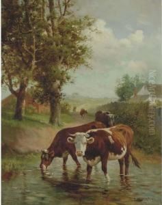 Cows In A Rural Landscape In A Riverbed by Robert Atkinson Fox