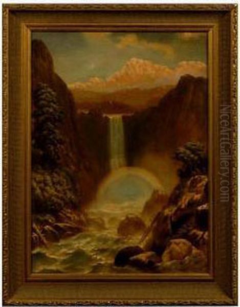 Mountain Waterfall With Rainbow. - view 1
