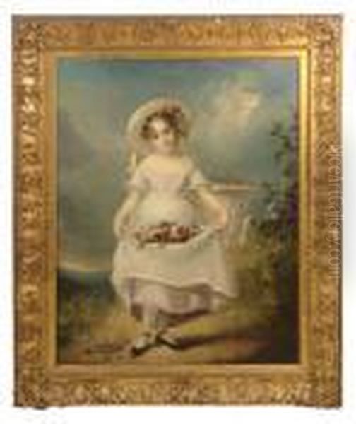 19th C. Oil, Portrait Of A Young
Girl Standing, Wearing Bonnet, Holding Flowers In Her Dress By
Classical Urn And Landscape, Oil, Canvas, 50 - view 1