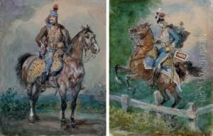 Un Officier I Cheval; Et Cheval
 Cabre Devant Une Barriere Et Son Cavalier (recto); Etude De Femme Au 
Chapeau (verso) by Pierre Desire Eugene Franc Lamy