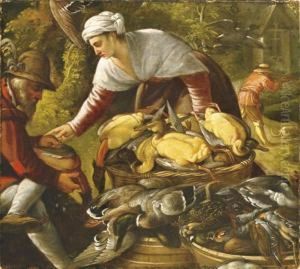 Peasants Plucking Ducks By A Wood, A Hunter Beyond by Paolo Fiammingo