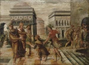The Supplication Of A Figure, In A Classical Courtyard by Paolo Fiammingo