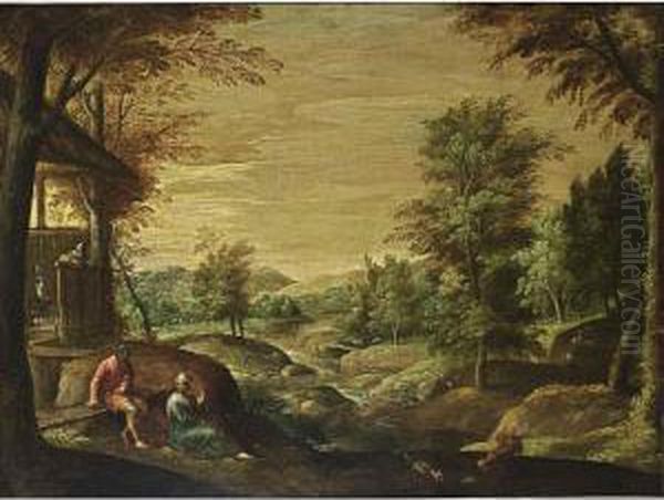 A Wooded River Landscape With A
Couple Conversing In The Foreground Together With Chickens, Huntsmen In
The Background - view 1