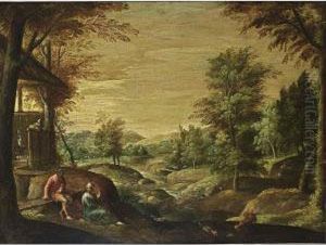 A Wooded River Landscape With A 
Couple Conversing In The Foreground Together With Chickens, Huntsmen In 
The Background by Paolo Fiammingo
