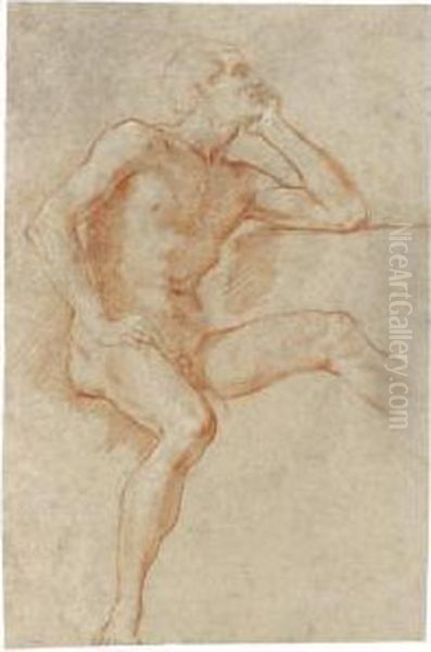 Recto: Study Of A Male Nude,
Seated, Resting His Chin On His Left Hand; Verso: A Male Nude In Profile
Climbing A Staircase, A Separate Study Of His Hand Holding A Stick - view 1
