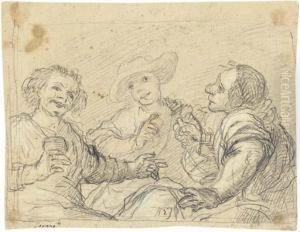 Two Drinkers At A Table Mocking Arlotto Mainardi, Who Holds A Flaskof Wine