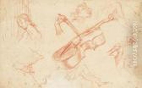 Un Violoncelle Avec Une Main 
Tenant Un Archet Avec Une Etude D'une Main Tenant Le Manche Avec Des 
Etudes De Tetes - view 1