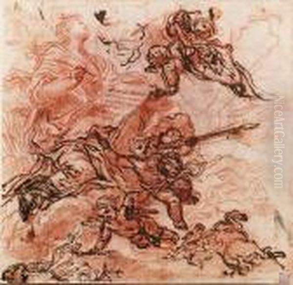 A Kneeling Figure Crowned With
Laurels Writing On A Scroll,surrounded By Putti Holding Saint Veronica's
Veil And Burningbooks, With A Winged Horse: A Study For A Frontispiece
Dedicated Toduca Salviati - view 1