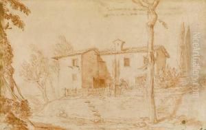 A Farmhouse In Tuscany With A Woman At A Well by Baldassarre Franceschini