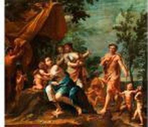Antik-mythologische Szene Mit Dem Hirtenapollo, Der Sich Den Drei Grazien Nahert