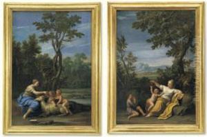 Pastoral Scene With A Maiden
Offering Cherries To A Child; Pastoral Scene With A Young Mother,
Frolicking Children And A Goat by Marcantonio Franceschini)