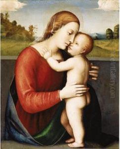 The Madonna Embracing The Christ Child On A Parapet, A Landscape Beyond