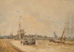 Fishermen In A Small Boat Near 
The Shore, Perhaps At Calais, Sailing Boats In The Background by Francois Louis Thomas Francia