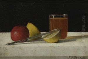 Table Arrangement With Apple, Lemon, Glass And Knife by John Francis