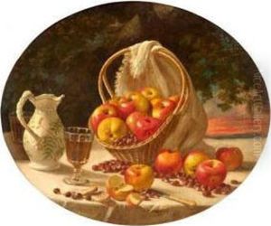 Still Life Of Apples And Nuts In A Basket, A Sunset In The Distance by John Francis