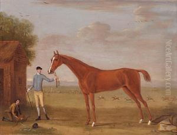 A Chestnut Racehorse With Jockey And Groom, A Steeple Chase Being Run In The Background - view 1