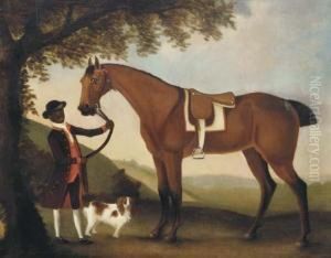 A Saddled Hunter Held By A Groom With A Terrier A Saddled Hunter Held By A Groom With A Terrier