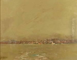 View Of San Francisco Harbor Circa 1918 S L/l: J. Bond Francisco O/c Laid/d On/c 22x26 by John Bond Francisco