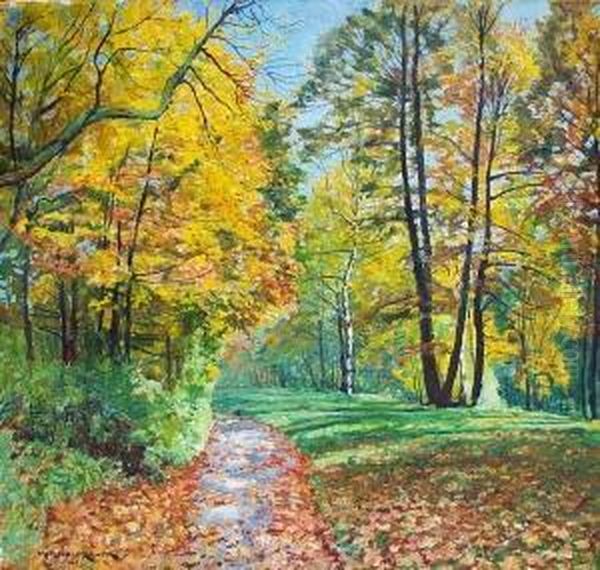 Herbstlandschaft - Schmaler Waldweg Zwischen Bunt Gefarbten Baumen Bei Sonnenschein - view 1