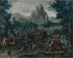 Battle Scene With A Mountainous Landscape Beyond by Frans I Francken