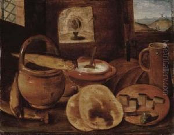 A Poor Man's Meal: A Loaf Of Bread, Porridge, Buns And A Herring Ona Wooden Table - view 1