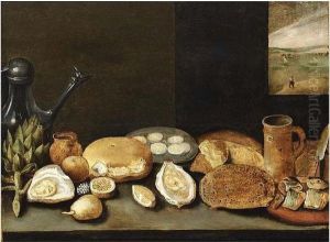 A Still Life With An Artichoke, 
 A Pewter Jug, Oysters, Lemons, A Herring On A Plate With Bread, All On
 A Wooden Ledge, A View Of A River Landscape Through A Window In The 
Background by Hieronymus II Francken