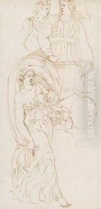 A Female Dancer In Veil A And Two Figures
