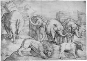 Elefanten, Lowe Und Ein Wildschwein by Battista Franco