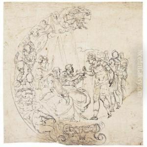 A Design For A Maiolica Dish: A Roman Soldier Approaching Seated Figures by Battista Franco