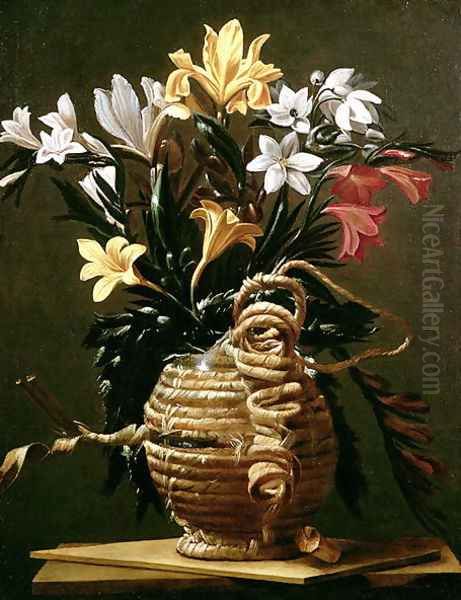 Still Life of Flowers in a straw-covered Flask - view 1