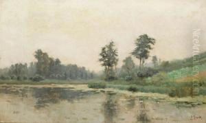 Heuvelachtig Landschap Met Bomen Aan Het Water by Lucien Frank