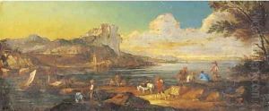 A coastal inlet with figures on the shore, a town beyond by Luca Carlevaris