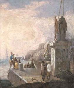 Figures on a quayside with shipping in calm waters by Luca Carlevaris