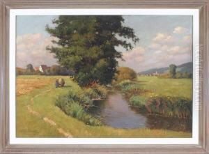 Bauerin Mit Heuwagen Am Bachlauf Vor Einem Kirchdorf by Franz Frankl