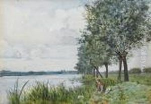 A Young Boy Fishing By A River by William Fraser Garden