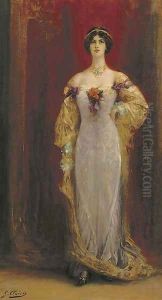 Portrait of Cleo de Merode (1874-1965), small full-length, in a lilac and yellow dress by Georges Jules Victor Clairin