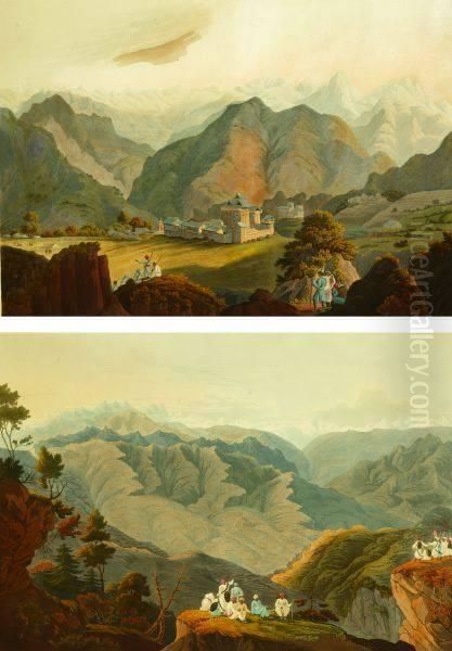 Seran Rajas Palace" And "view Of
The Country From Urshalun Teeba", Engraved By R. Havell & Son,
Published By Rodwell And Martin, London 1820. Hand-colored Etchings And
Aquatints - view 1