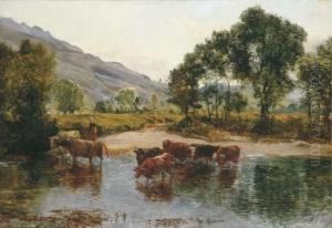 River Landscape With Cattle At A Ford