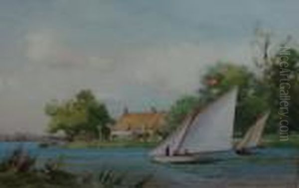 Figures Sailing On A Norfolk Broad - view 1
