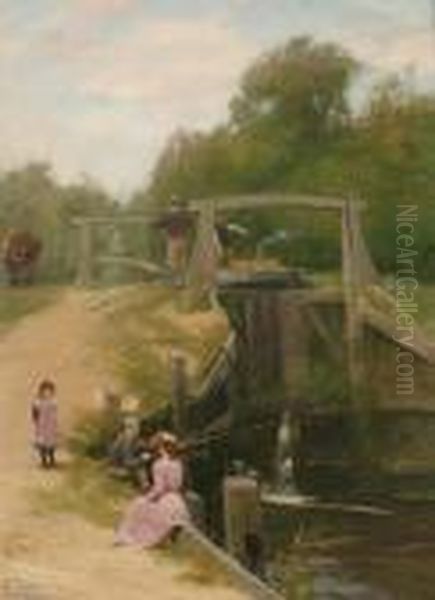 Figures Fishing By A Canal Lock - view 1