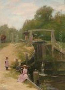 Figures Fishing By A Canal Lock by John Fraser