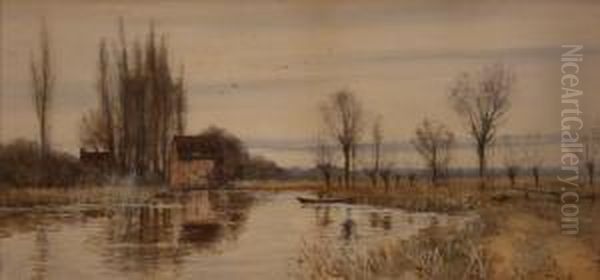 View Of A River With Figure In A Punt Near A Mill - view 1