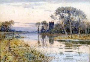 British River View, With Church In The Distance Watercolour Signed 26 X 37 Cms
