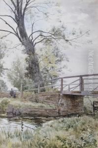 Children By A Wooden Bridge 'r. W. Fraser' by Robert Winter Fraser