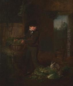 Boy Feeding Rabbits by Alexander Snr Fraser