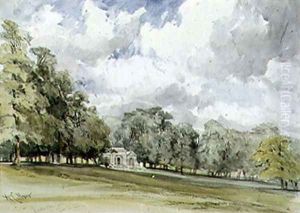 View in Kensington Gardens showing the Temple Cottage by William Callow