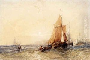 Fishing Boats Off The Coast At Sunset by William Callow