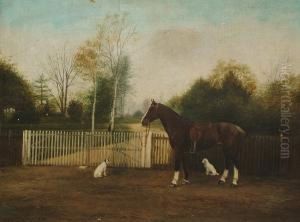 Portrait Of A Saddled Bay Horse With Two Terriers