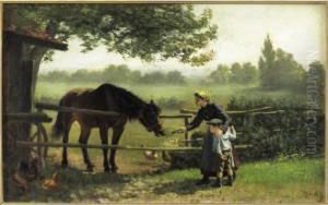 Young Girl Feeding A Horse by Edouard Frere